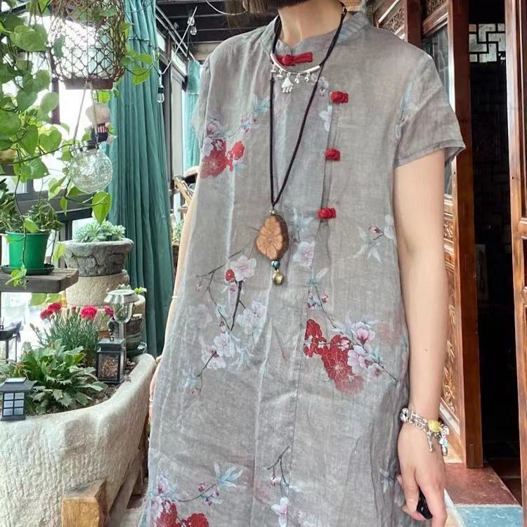 スタンダードプリントバックルルーズドレス レトロ ピュア Yiranxuaディースワード83709104123