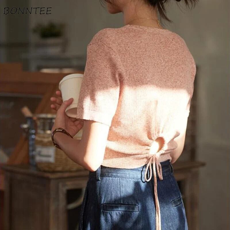 【新作】【送料無料】 ニット Tシャツ 女性用 シャーリングデザイン クロップトップス スリムフィット スイートベーシック Футболка Женский 韓国スタイル ファッション カレッジ カジュアル 0222761837225