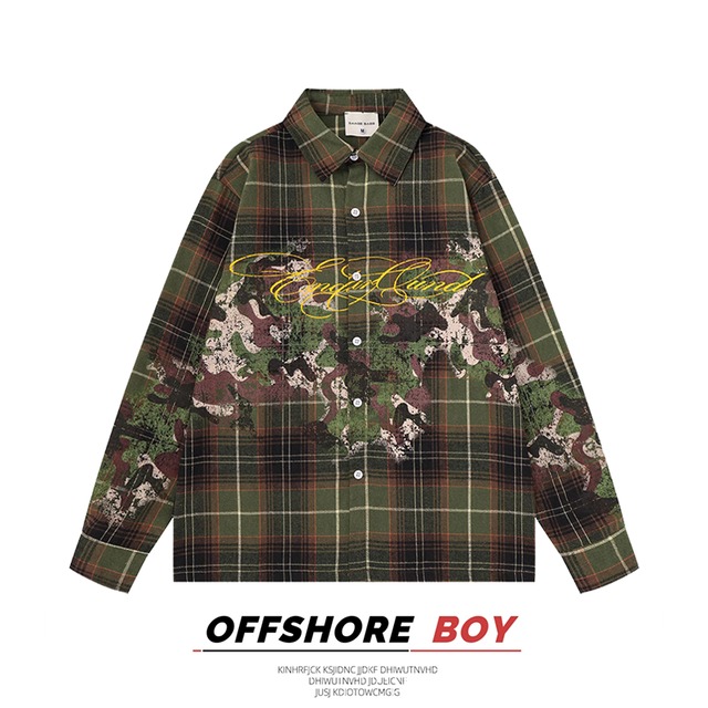 【YITAIシリーズ】★シャツ★ ユニセックス 2color トップス 長袖シャツ チェック柄 落書き アルファベット 緑 紫