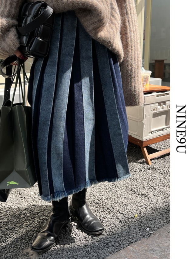 box-pleats denim contrast long-skirt【NINE5408】
