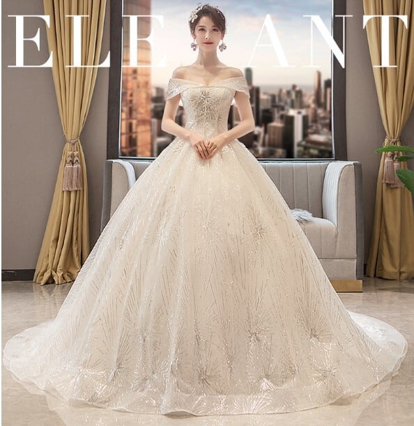 豪華！ ウエディングドレス オフショルダー スパンコール 華やかな