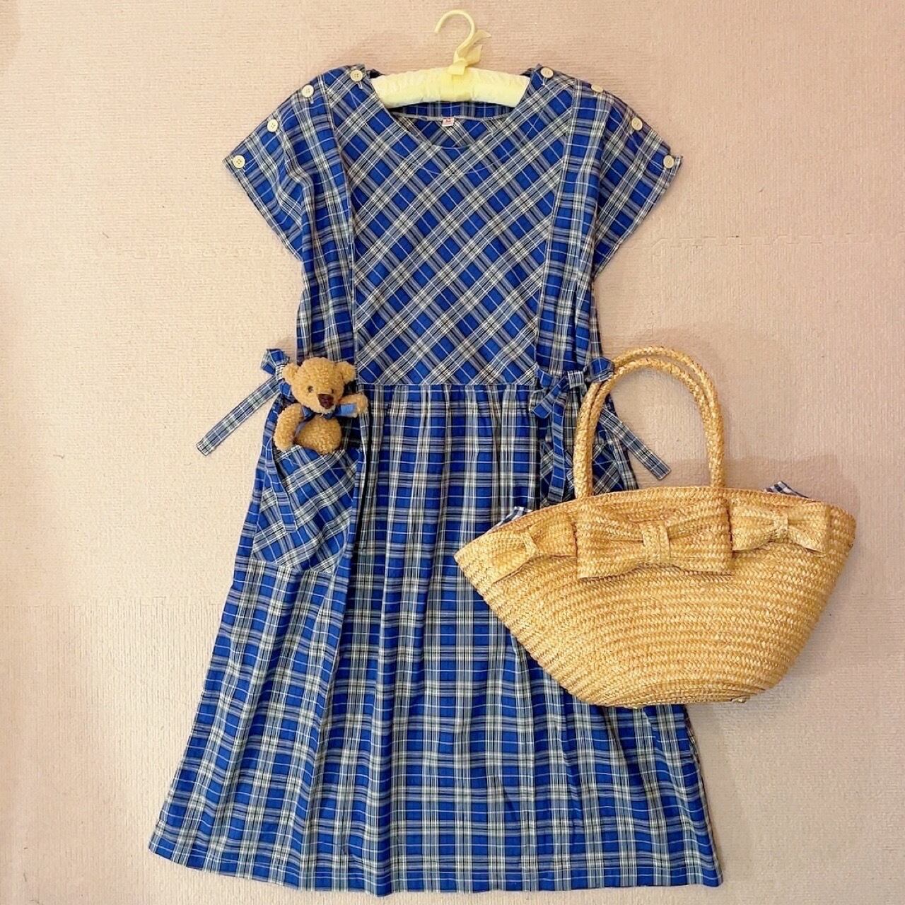 blue white check cotton one-piece