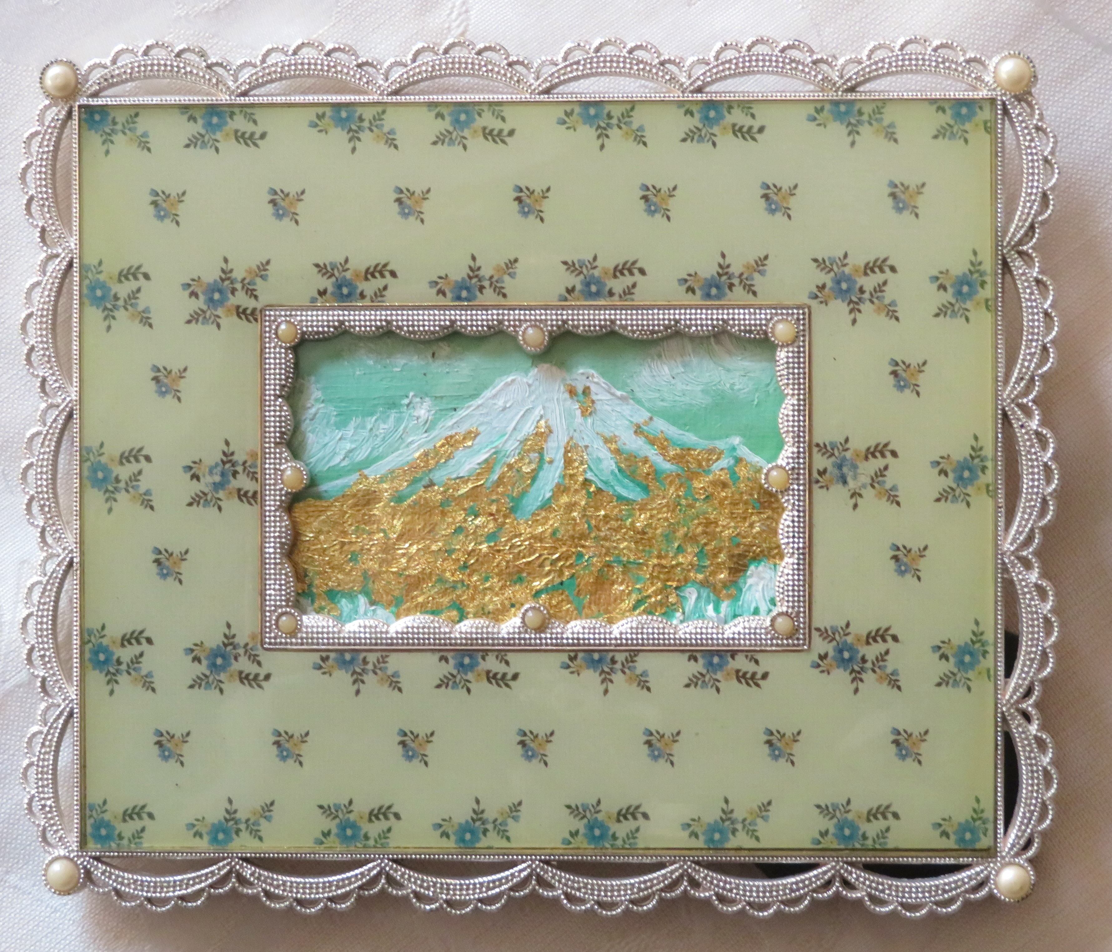 黄金の富士山～緑富士 R5－36】油絵+純金24k金箔 F3号 真筆画1点