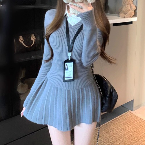 【2点セット】ドッキングリブニットトップス＋プリーツミニスカート ・74533