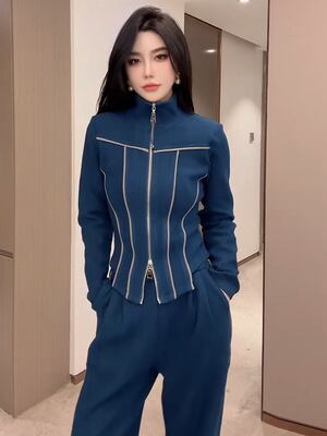 レディース ベルベット素材のスポーツウェア上下セット 立ち襟ジップジャケット ワイドパンツ 秋冬 裏起毛対応 ピンク ブルー