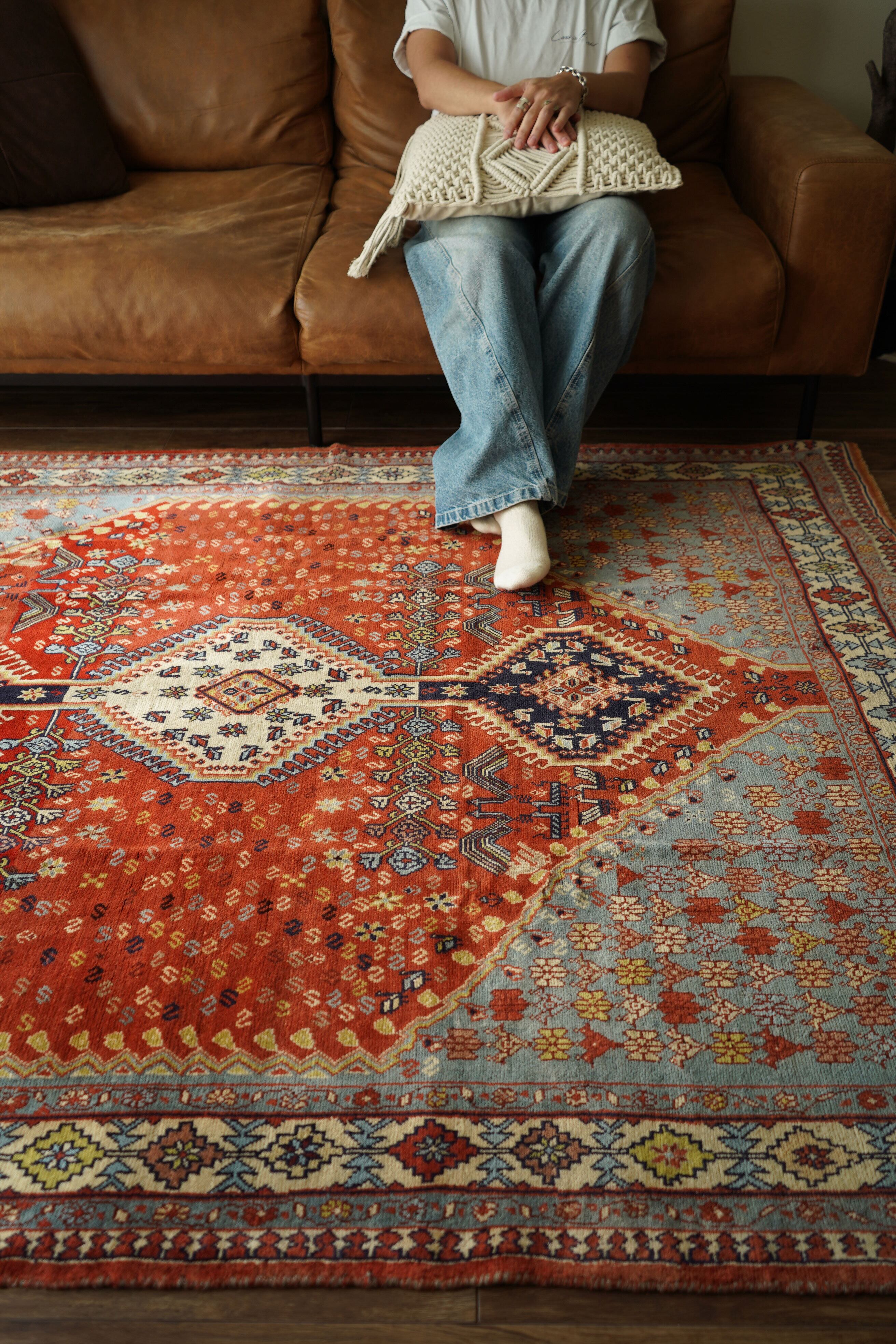 ヴィンテージラグ ハンドメイド ベージュ 証明タグ付き ヴィンテージラグマット（1.5畳：グレー/ブルー）ミックスカラー