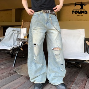 Vintage Washed Distressed Blue Curved Denim Pants(FD398)