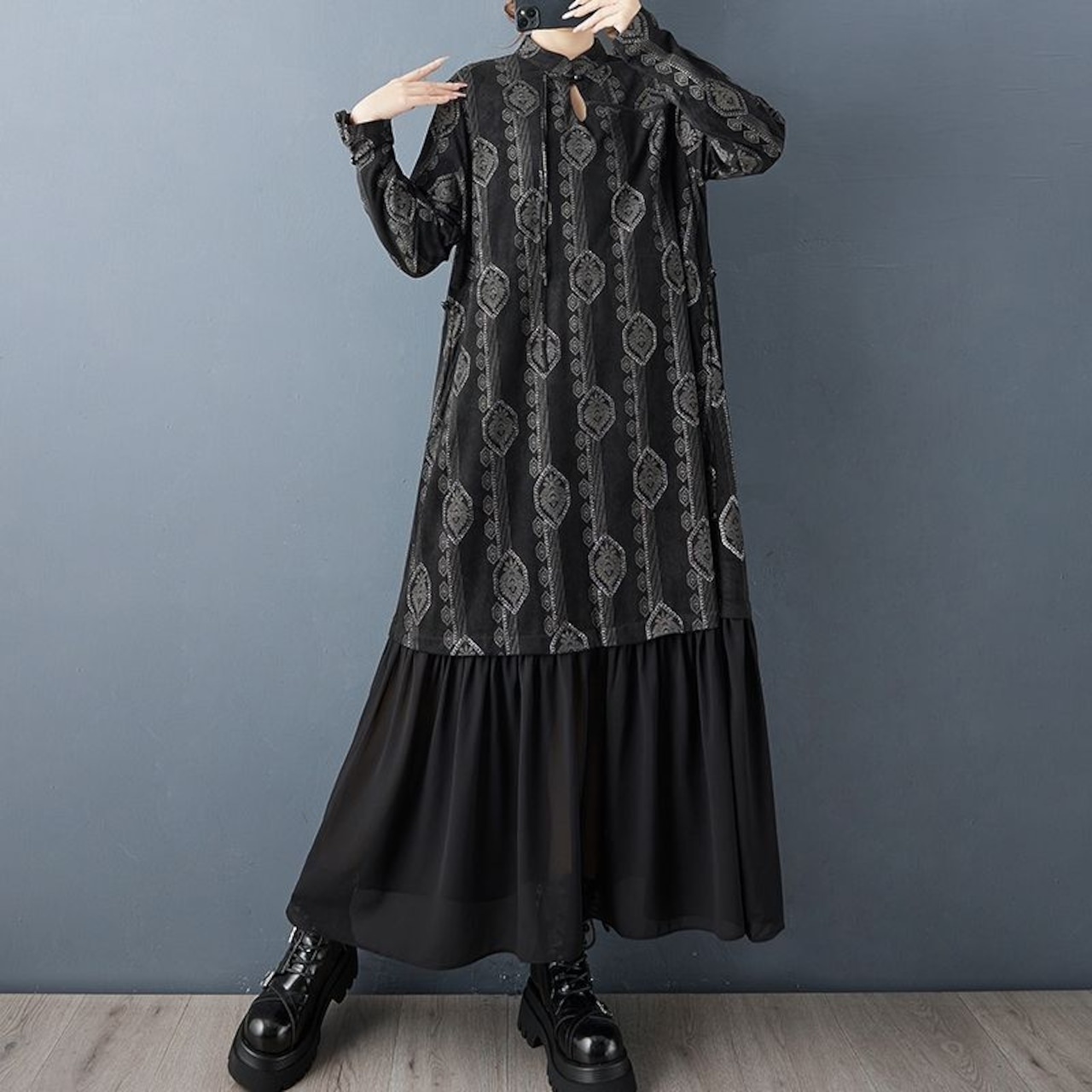 柄切替 ティアード ロングワンピース 60055