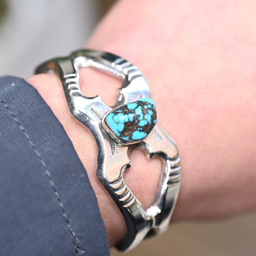 Sand Cast Navajo Bangle With Spider Web Turquoise / USA