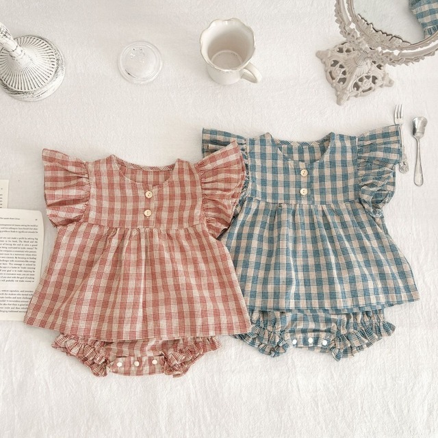 【BABY】夏作ベビー ギンガムチェック フリルブラウス＋ショートパンツ 2点セット