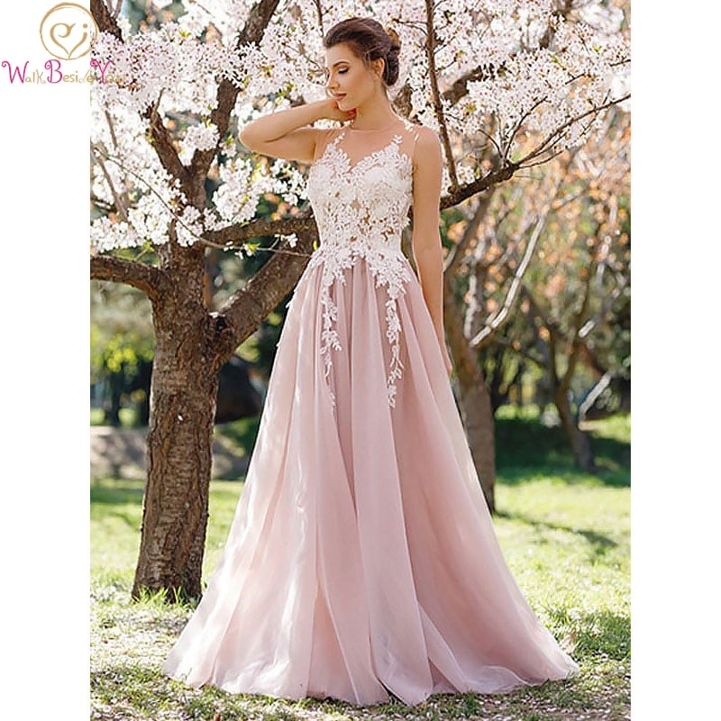 薄ピンク ウエディングドレス2021 エレガント チュールロングイブニングドレス