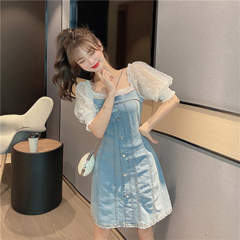 ワンピース カジュアル 半袖 ファッション デニム Aライン スクエアネック 重ね着風 配色 ブルー M L Dresszone