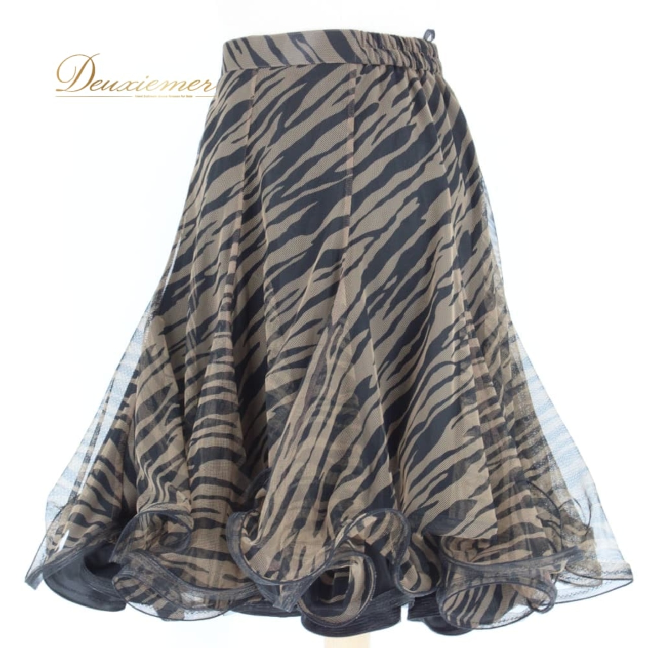 社交ダンス 衣装 スタンダード スカート レッスンウェア レディース DANCE FASHION WORLD ブラック系 ブラウン系 黒 茶 レース 練習着 フレアスカート ダンス衣装 スタンダード用 広がる ふんわり 切替なし シック ゼブラ柄 動物柄 ブラック ブラウン スタイリッシュ 大人 上品 フェミニン 女性用 ポリエステル ファスナー付き 伸縮 あり ウエスト調整 なし ダンス フォーマル 競技用 9号 社交ダンスレッスン ステージ用 練習 女優感 エレガント ダンスファッションワールド