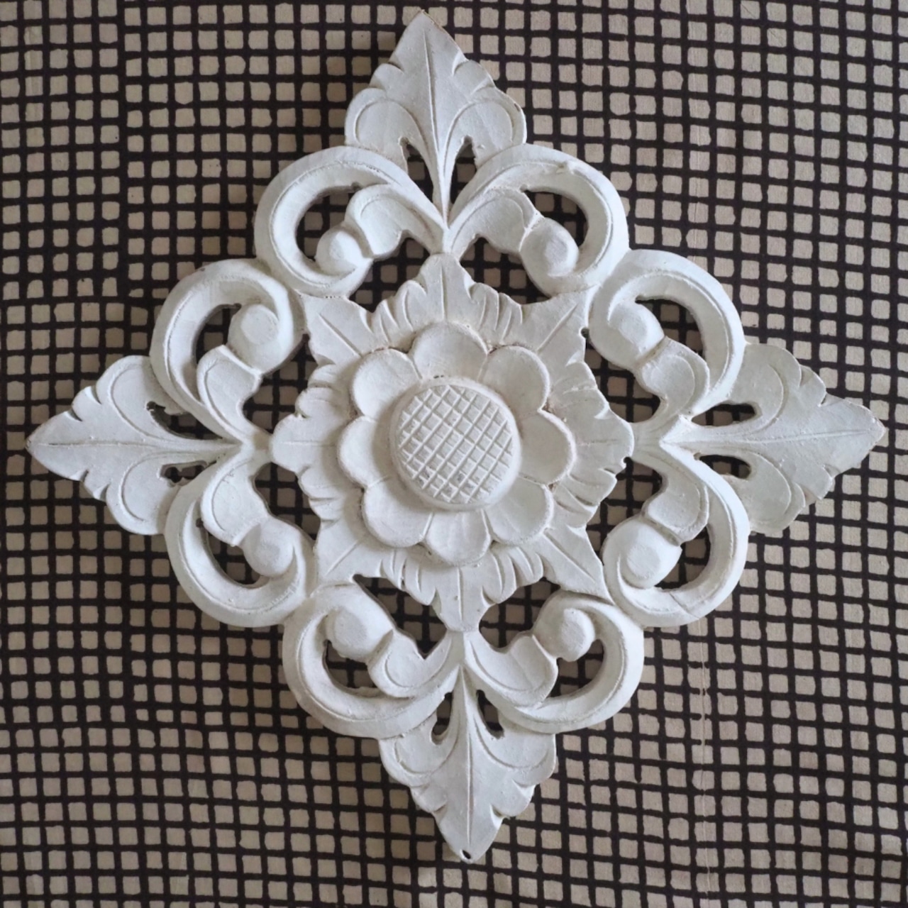 ブロックプリント生地【50cm単位】インド綿 チェック柄 生成り×黒 #57010-BK1