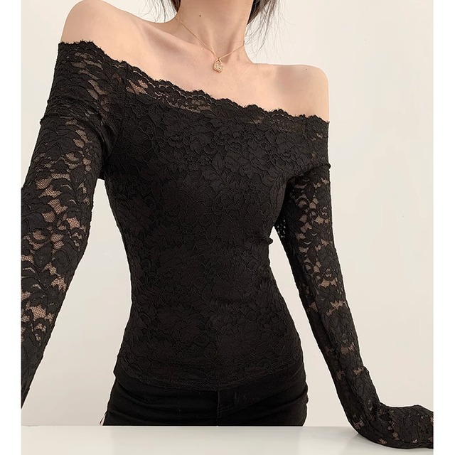 off shoulder ruffle lace long sleeve blouse la1510