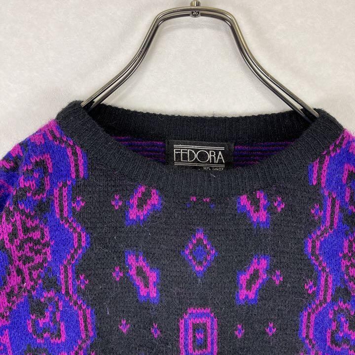 総柄デザインニット L ブラック 黒 赤 ブルー Uネック 古着 セーター