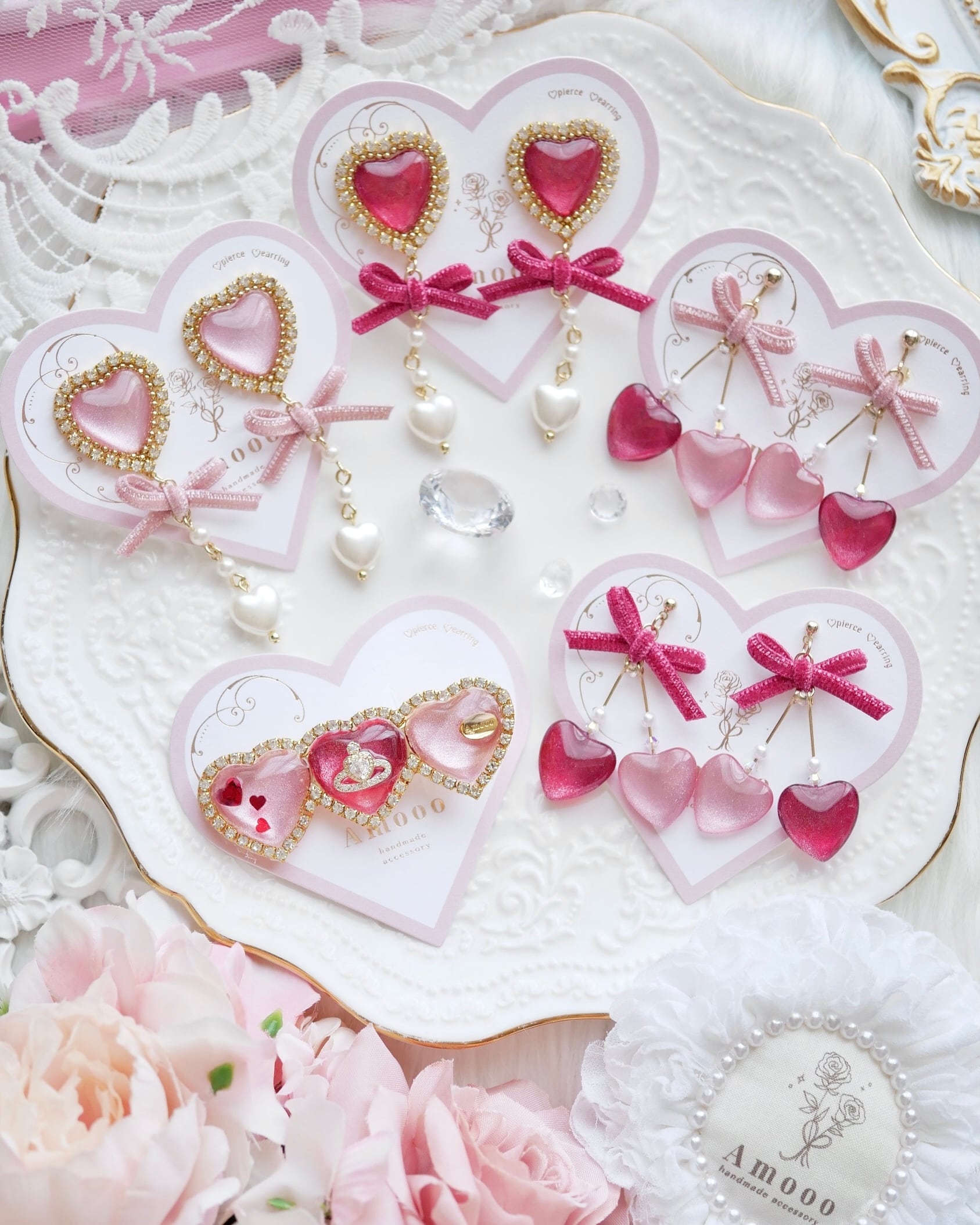 909 ジェリーハートリボンミニパールピアス/イヤリング | Amooo