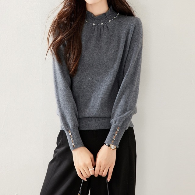 Ruffle collar elegant biju stitch slim knit ( 3color )