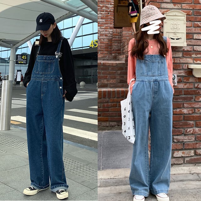 オーバーオール サロペット レディース ワイドレッグ デニム ゆったり カジュアル 全2色 ダークブルー/ライトブルー S/M/L