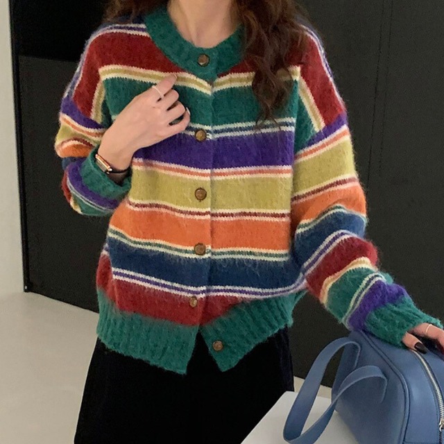 retro rainbow mix border knit cardigan  e1750