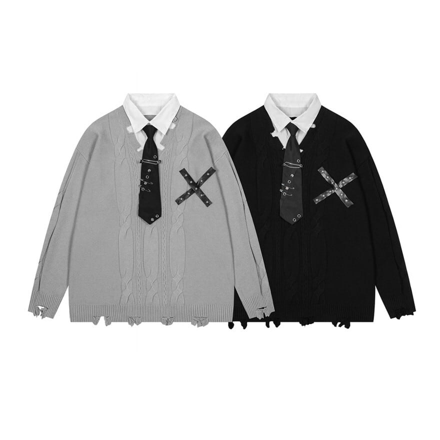 サブカル系 フェイクツーピース セーター クラッシュダメージ