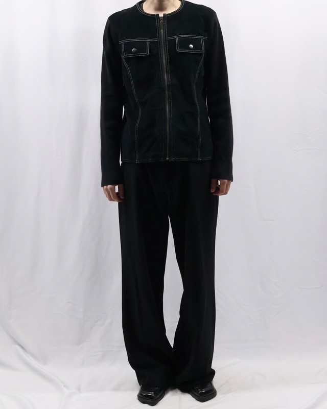 arm knit crew neck zip up blouson