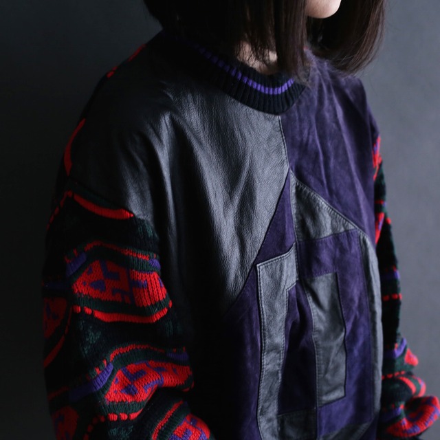 poison color 3D wave knit and leather switching sweater