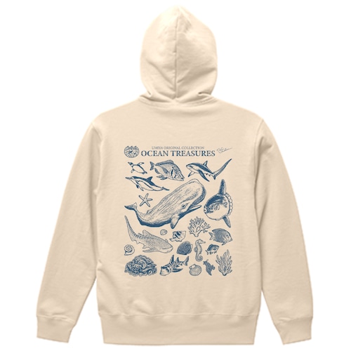 海洋生物ヴィンテージ風フルジップパーカー｜OCEAN TREASURES／Model-05（ナチュラル）