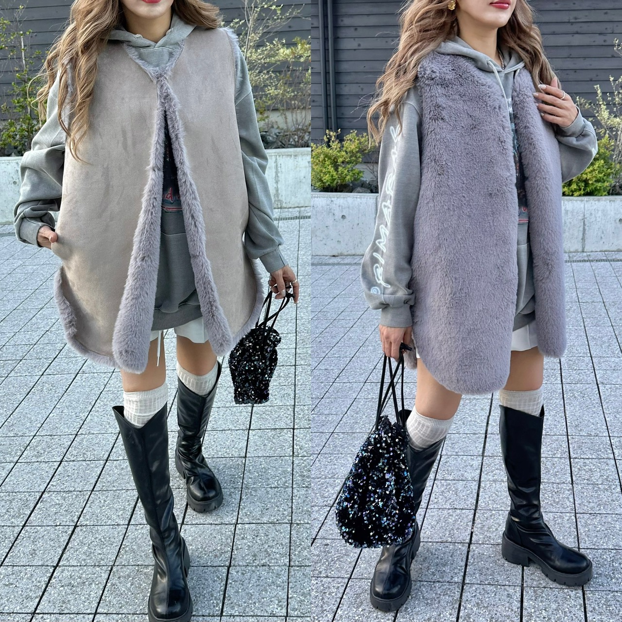 reversible eco far／fake mouton VT／Graybeige