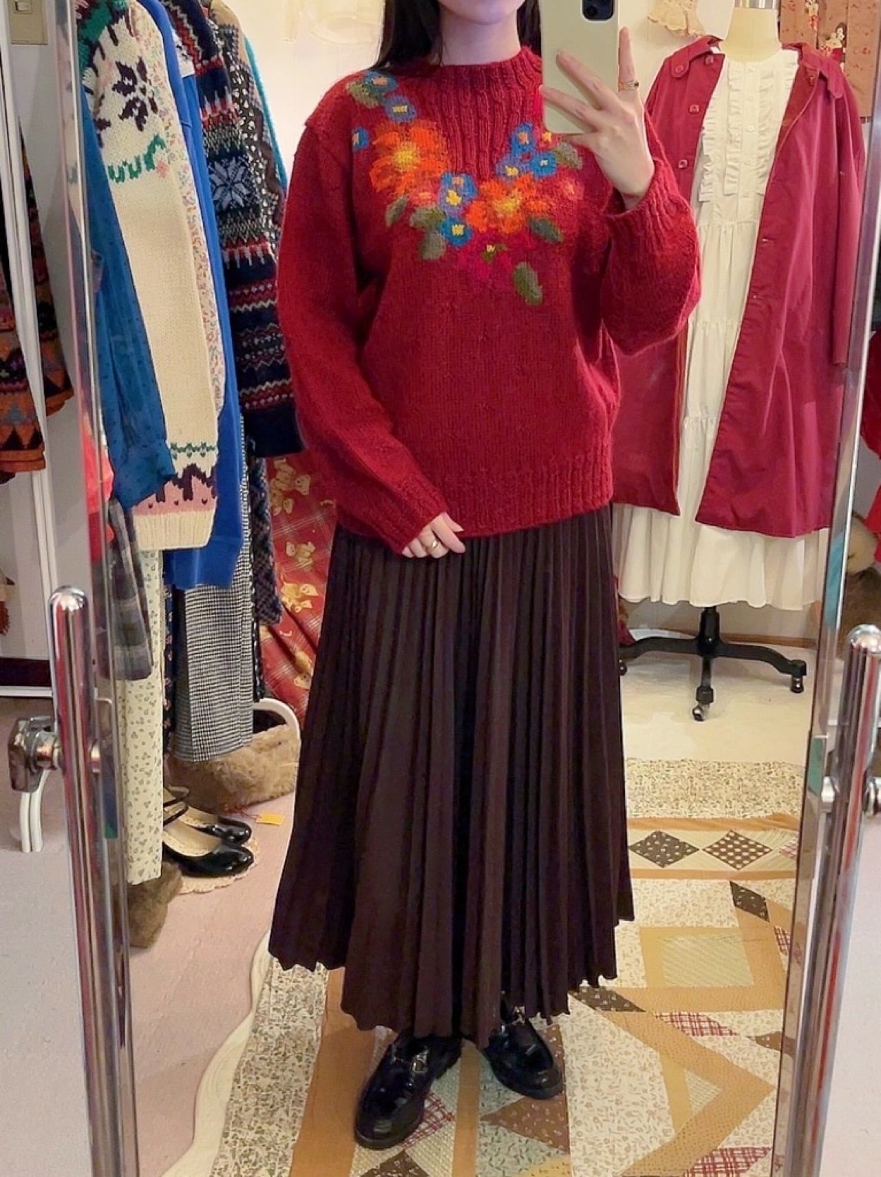 colorful flower bordeaux knit sweater