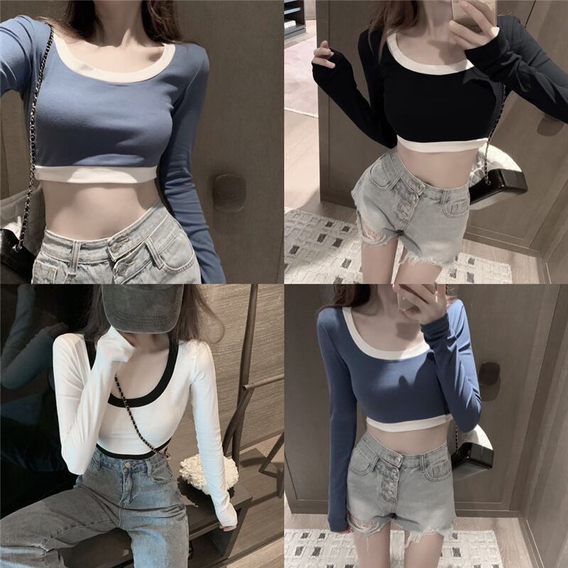 対照的なショートクロップドへそセクシーなタイトフィットTシャツ女性の2020年初秋新しい長袖インナーボトミングシャツブラックトップ ブラックストロベリース36981439128