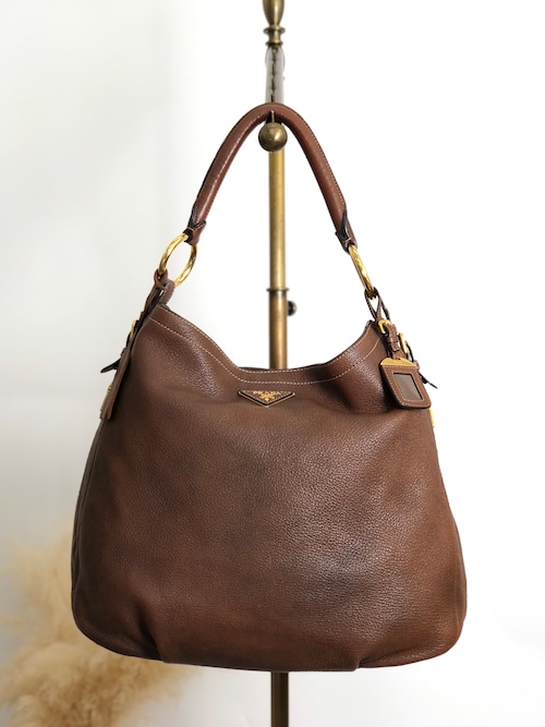 PRADA プラダ ショルダーバッグ ブラウン トライアングルロゴ レザー ホーボーバッグ セミショルダー vintage ヴィンテージ オールド ajvtv2
