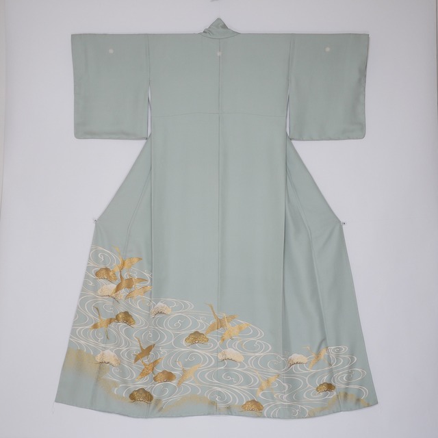 Vintage light green silk iro-tomesode kimono with a motif of cranes and pine (167.5 cm)