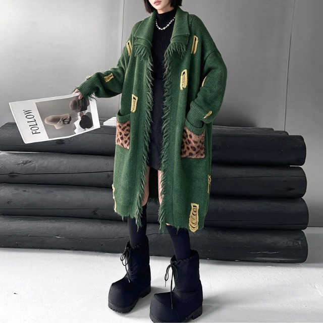 Distressed fringe leopard knit【3color】 C1626