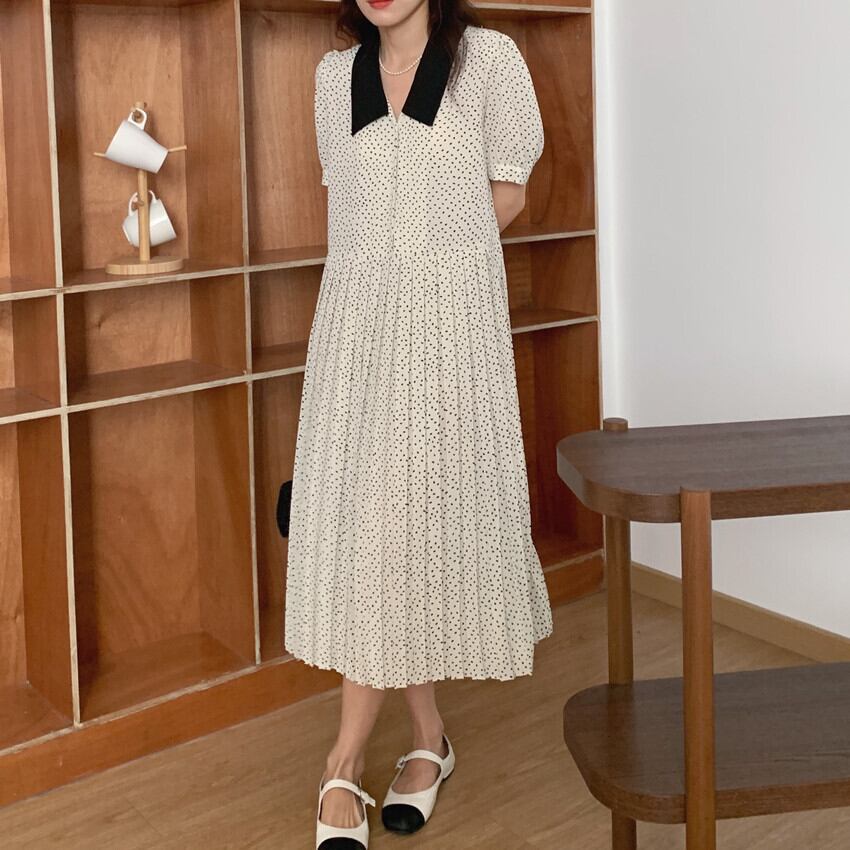 襟付きプリーツワンピース 全2色 ワンピース ワンピ ドット柄 シャツワンピ 半袖 ロングワンピース かわいい 人気 レディース 安い 韓国ファッション 671 Sinsakumall