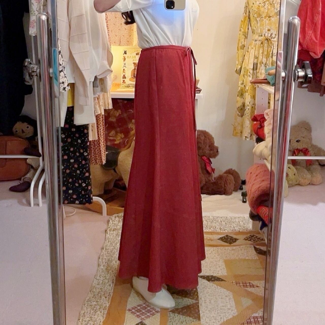 red denim seams flare skirt