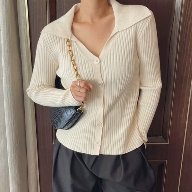 Ribbed Polo Collar Knit Cardigan 01494