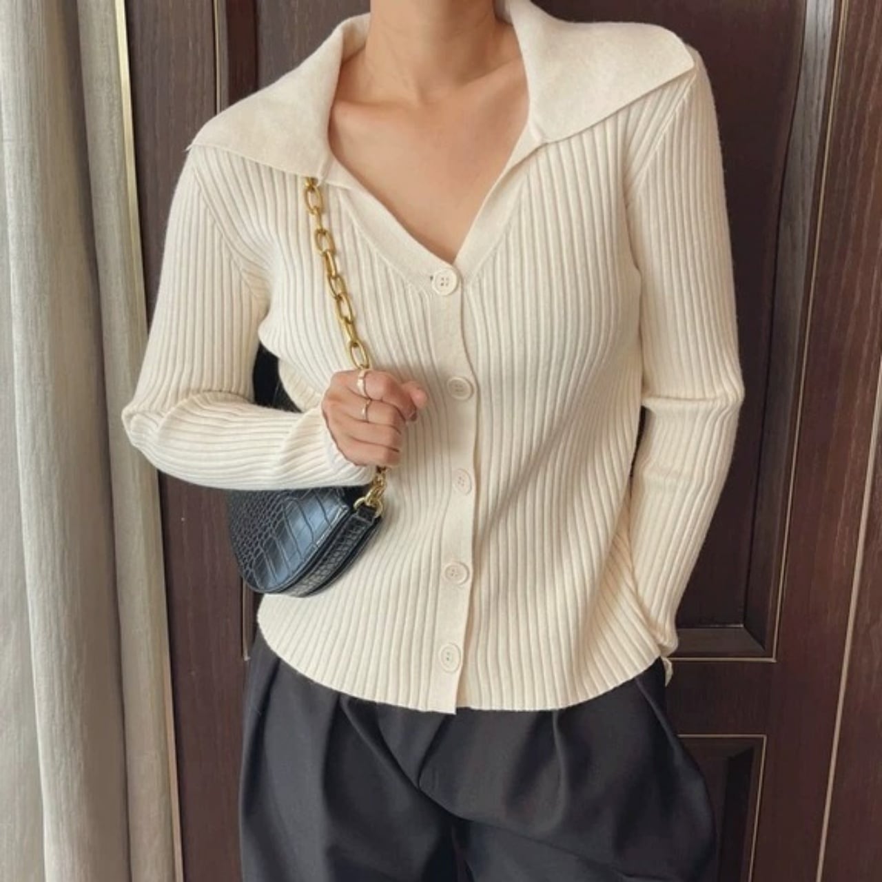 Ribbed Polo Collar Knit Cardigan 01494