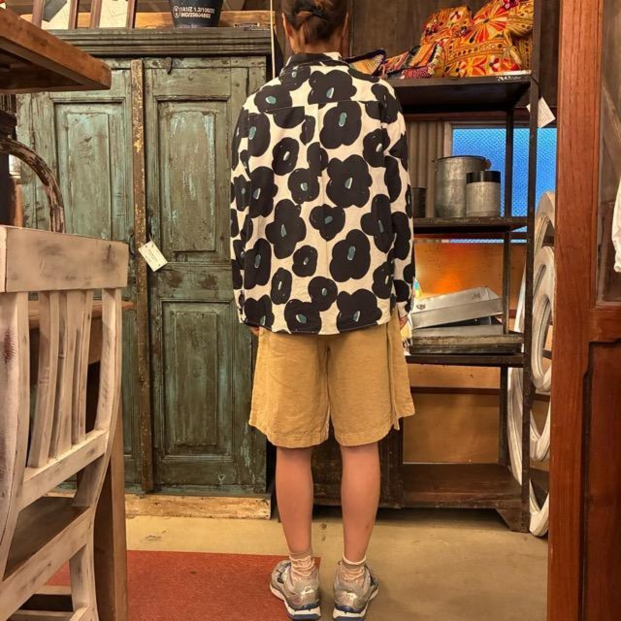 TOPANGA Lady's Nordic Flower Loose Fit Shirt　ノルディックフラワールーズフィットシャツ　ホワイト×ブラック　長袖　丸襟　ブラウス　花柄　
