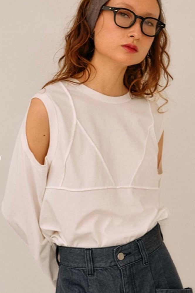 null. bustier open shoulder long T shirt ビスチェオープンショルダーロングTシャツ White