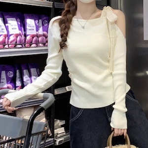 4色/レースリボンワンショルニットトップス ・72802 4色/レースリボンワンショルニットトップス ・72802