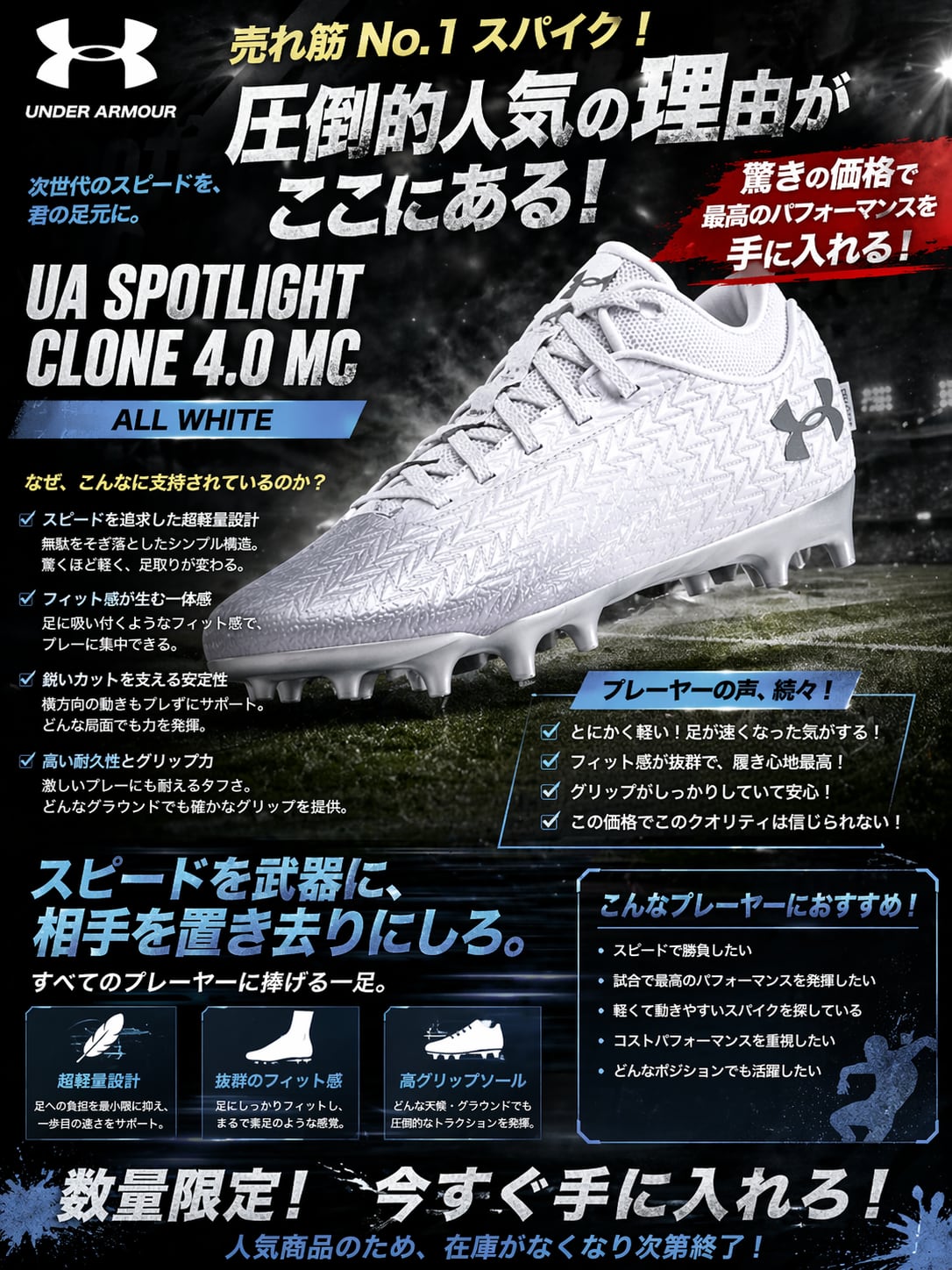 27cm】UA SPOTLIGHT CLONE 4.0 アメフト スパイク 4.0 SPOTLIGHT CLONE