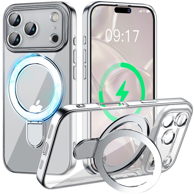 ソフトケース 用のiPhone18ProMax メッキバンパー カメラ完全保護 MagSafe対応 スタンド一体型 ストラップホール付き シルバー
