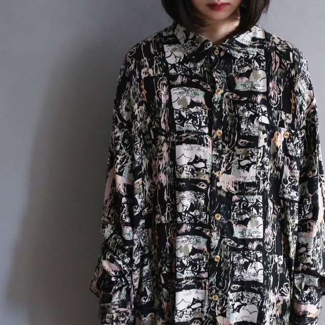 black base art pattern l/s rayon big shirt