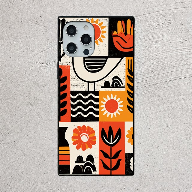 受注生産 iPhoneケース 太陽と花の白背景フォーク柄｜フォークアート FMSY019B