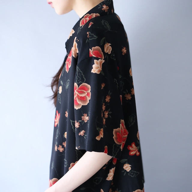 "花柄" black base red flower pattern box silhouette h/s shirt