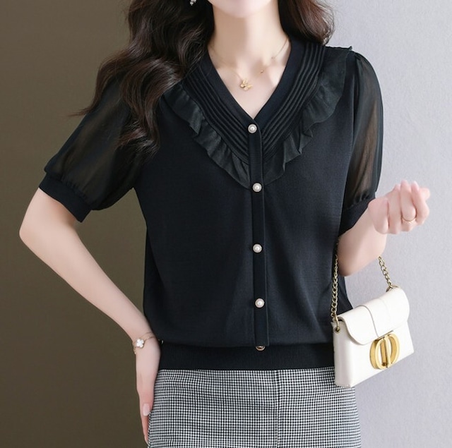 V neck elegant mesh sleeve ruffle stitch slim knit ( 2color )