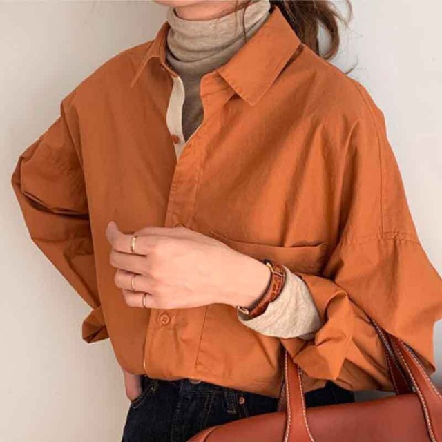 シンプルシャツ | ポケット ブラウス カッターシャツ 長袖 オレンジ 秋服