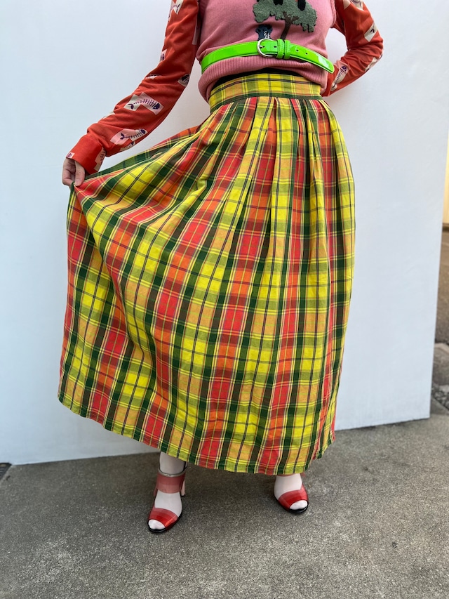 Vintage yellow plaid linen × rayon long skirt ( ヴィンテージ  イエロー チェック柄 レーヨン × リネン ロング スカート )