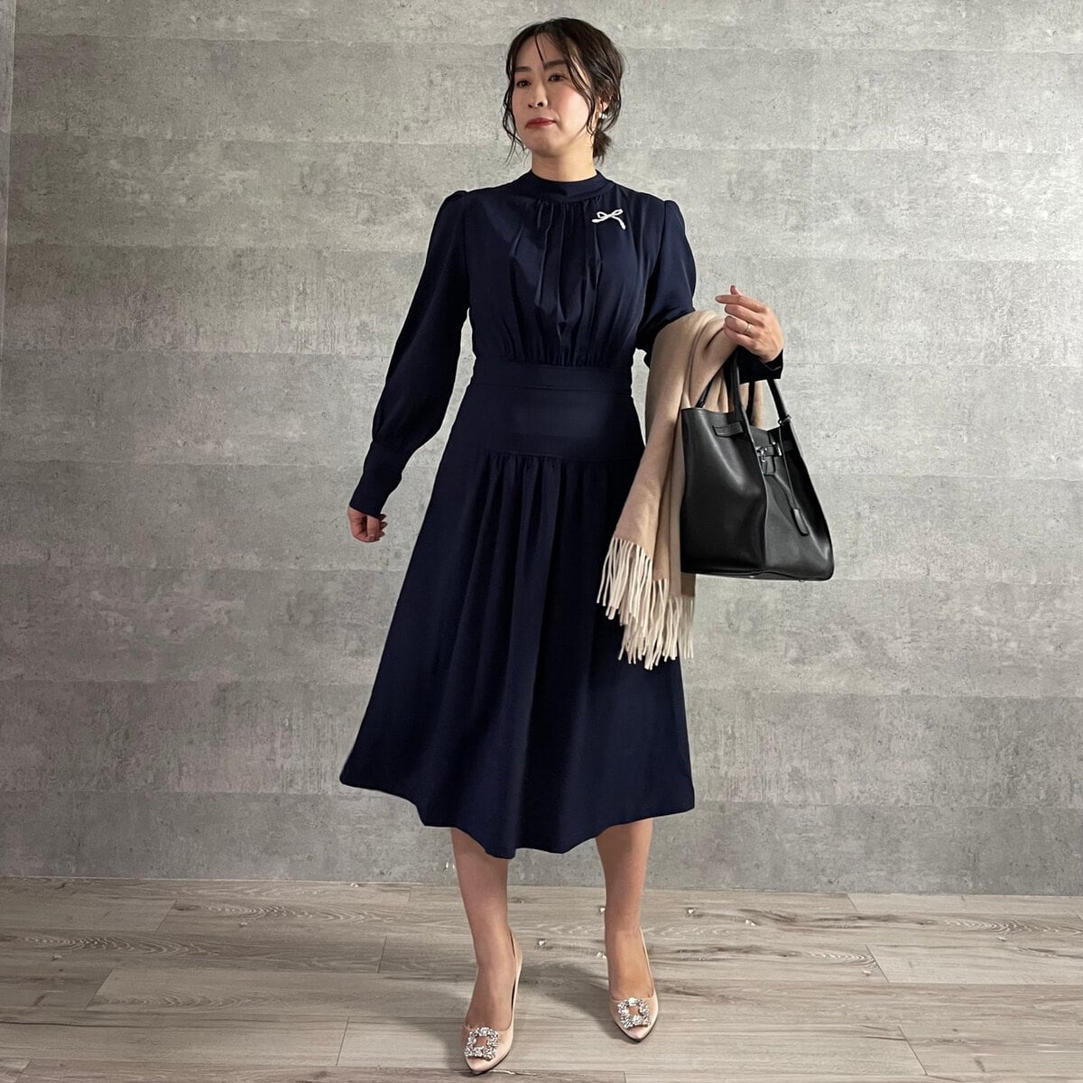 SALE□美ラインシルエット♪上品フォーマルミモレ丈フレアワンピース